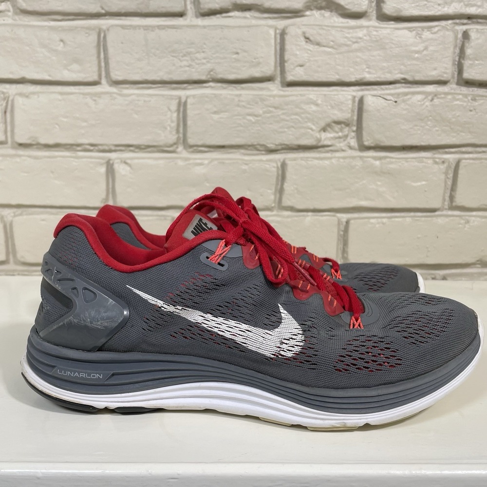Nike Lunar glide 5 Men's 12 Grey Red Sneakers Athletic Running